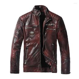 Men's Fur Fashion Mens Leather Jacket Military Chest Embroidery Pockets Brown Men Zipper Motocycle