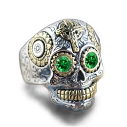 925 Silver Two-tone 18K Gold Emerald Rings Vintage Engraving Cross Skull Ghost Head Ring Men's Punk Jewelry262D