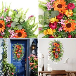 Decorative Flowers Country Front Door Artificial Wreath Garden Fake Festive Sunflower Rose Decoration Natural Home Hanging Ornaments