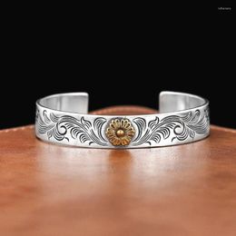 Bangle SO Vintage Exquisite Carved Rose Flower Grass Pattern Bracelet For Men And Women Personalised Feather Flat Open