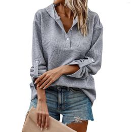 Women's Hoodies Autumn Hooded Pullovers Casual V Neck Sweatshirt Button Up Long Sleeve Loose Female Solid Colour Fall Tops