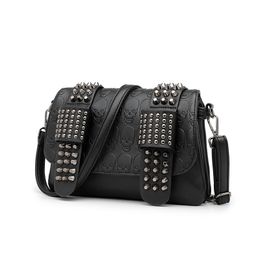 Women Punk Skull Print Crossbody Bag Set Vintage PU Leather Gothic Rivets Studded Shoulder Handbag Purse with Chain Black