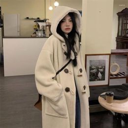 Women's Fur 2023 Winter Women Lamb Wool Coat Female Long Below The Knee Fashion Cow Horn Button Outcoat Loose Hooded Warm Cotton Outwear