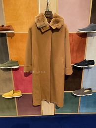 Loro Piano Winter Womens Wool Camel Stitching Fur Collar Cashmere Coat