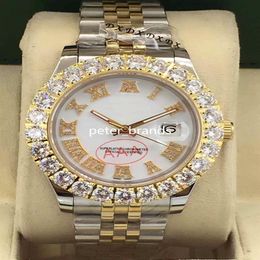 Prong Set Diamond Watches two tone silver gold 43mm white face Bigger diamond bezel Automatic Fashion Men's Watch2590