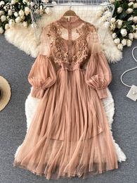 Basic Casual Dresses Gagarich Ladies Dress Three-dimensional Flower Hook Mesh Temperament Stand Collar Lantern Sleeve High Waist Slim Female Dresses 230926