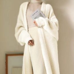 Women's Knits Tees White Long Cardigan for Women Winter Clothes Knitted Fluffy Long Sleeve Cashmere Sweater Coat Clotkorean Style Warm Vintage 230925