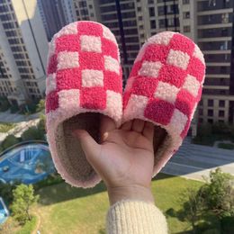 Slippers Pink Black Green Checker Fulffy Fur Slippers Indoor Plush Slippers For Couple Winter Warm Slippers Shoes Non Slip Shoes Lady 230926