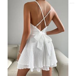 Casual Dresses Women's Dress Summer Fashion Spaghetti Strap V-neck Backless Bow Bandage Womens Sexy Sleeveless Slim High Waist Mini
