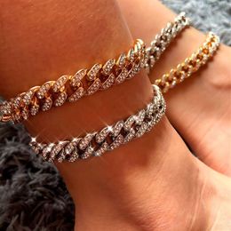 2021 Punk Miami Iced Out Cuban Link Chain Anklet For Women Gold Silver Colour Crystal Bracelets Alloy Chunky Anklets Jewellery Gift209b