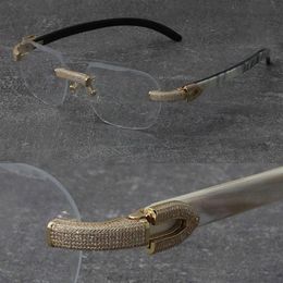 2022 New Black Mix White Buffalo Horn Frames Wood Eyewear Rimless Diamond set Glasses Men Women with C Decoration Rocks Wire 18K g272B