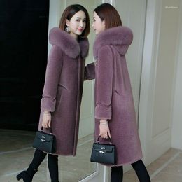 Women's Fur 2023 Mid-Long Parka Winter Flocking Jackets Women Covered Buttons Coat Big Natural Streetwear Hooded Outerwear T81