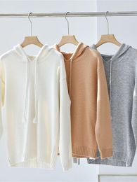Women's Sweaters Women Drawstring Hooded Cashmere Cardigan 2023 Autumn Ladies Solid Color Winter Korean Knitted Pullover Female White