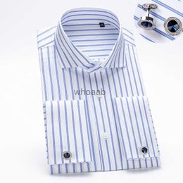 Men's Dress Shirts Luxury Windsor Collar Men's Cotton French Cuff Shirt Non Iron Quality Long Sleeve Business Formal Male Dress Cufflink Shirts YQ230926