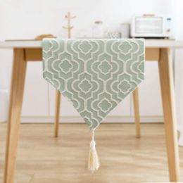 Table Runner Elegant Jacquard Turquoise Cotton Linen Table Runner with Tassels Dresser Scarf for Home Party Wedding Dining Table Decor 230926