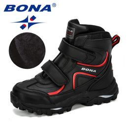 Botas Bona estilo inverno meninos botas crianças sapatos para crianças tênis botas de couro pelúcia quente plana tornozelo botas confortáveis 230925