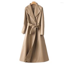 Women's Leather Real Women Long Trench Coats 2023 Fall Winter High Quality Elegant Ladies Buttons Belt Sheepskin Clothes