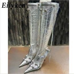 Winter Gold Silver Designer Women Knee High Heels Boots Punk Pointed Toe Motorcycle Sexy Long Retro Zapatos mujer 230922