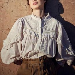 Women's T Shirts Women Solid Colour Elegant Stand Collar Lantern Sleeve Embroidery OL Shirt