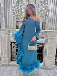 Saudi Arabia Prom Dresses Double Feathers One Shoulder Poetl Sleeve A Line Evening Dress Ankle Length Elegant Formal New 2023