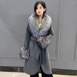 Women's Fur Wool Blend Coat Jacket With Natural Collar And Cuffs Winter Warm Fashion Knee-Length Cardigan 2023 Arrival