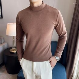 Men's T Shirts 2024 Spring High Neck T-shirt Long Sleeve Velour Top England Style Casual Slim Fit Basic Tees Solid Clothing