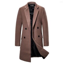 Men's Wool Winter Men Long Woolen Coat Straight Lapel Button Pocket Solid Brown Fashion Oversize Office Casual Warm Outwear Tops S-2XL