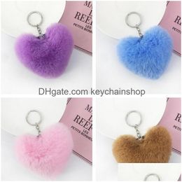 Key Rings Fluffy Pompom Keychain Soft Solid Color Heart Shape Faux Rabbit Fur Ball Car Handbag Ring Gift Accessories Drop Delivery Jew Dhyxr