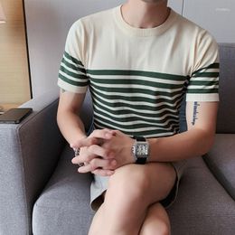 Men's T Shirts 2023 Summer Striped Knit T-shirt High Quality Ice Silk Leisure Round Collar Short Sleeve Man Tees Clothing 4XL