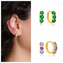 Hoop Earrings 925 Sterling Silver Needle Three Zircon Circles 13mm For Women Green/Purple/Yellow/White Crystal Jewellery