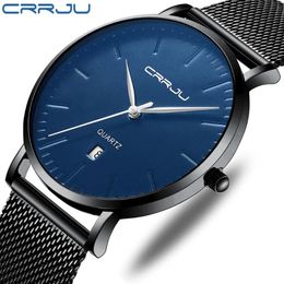 Fashion Mens Minimalist Watches crrju Ultra Thin black Stainless Steel Mesh Band Watch Men Business Casual Analogue Quartz clock263e