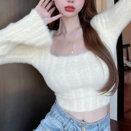 Women's T Shirts 2023 Korean Style Sunken Stripe Bell Sleeve Square Collar Short Bottoming Shirt Long Top Sweater