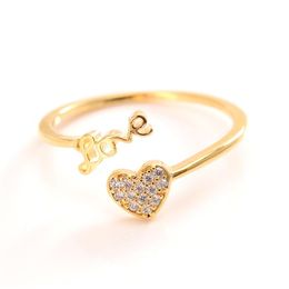 Woman Love rings Lovely 24 k CT Fine Solid Gold GF CZ Stones Ring Adjustable Size Opening-Ring Cute Heart-Shaped Jewelry297l