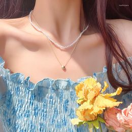 Pendant Necklaces Unique Design Double Layered Pearl Necklace Women's Square Collar Chain Korean Elegant Metal Coating Geometric Neckchain