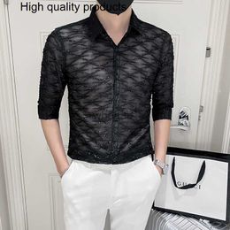 Men's Dress Shirts 2023 High Quality for Men Lace Hollow Out Shirts/Male Slim Fit Lapel Casual Business Sexy Long Sleeve Shirts Plus Size S-4XL YQ230926