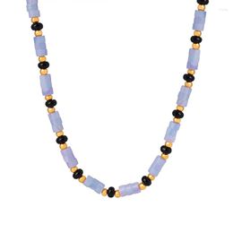 Choker ALLME Boho 18K Gold PVD Plated Titanium Steel Blue Natural Stone Black Agate Strand Beaded Necklace For Women Gifts
