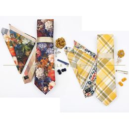 Bow Ties 5 PCS Luxury Cotton Patchwork 7cm Tie Set Brooch Pin Clip Hankie Cufflink Men Party Daily Striped Floral Cravat Gift Accessory 230922