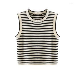 Women's Tanks Contrast Striped Crop Tops Knitted Crew Neck Sleeveless Sweater Women Summer Tank Top M L XL