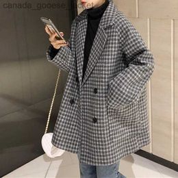 Women's Wool Blends New Vintage Plus Size Women's 2021 Autumn Winter Blazer Suits Korean Loose Thick Plaid Suit Mid-length Cheque Woollen Coat JacketL230926