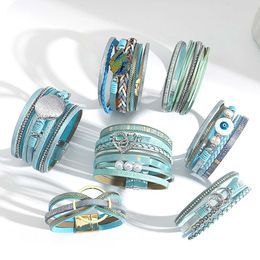 Bangle Amorcome Boho Blue Leather Bracelets for Women Fashion Heart Charm Multilayer Wide Wrap Bangles Female Jewelry Gift 230926