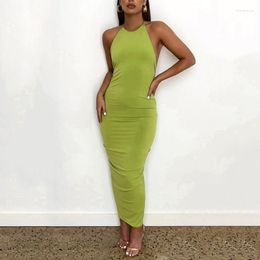 Casual Dresses Self-cultivation Sexy Large Open Back Pucker Hanging Neck Strap Dress Summer Women Clothing
