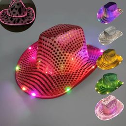 Shinny Cowgirl LED Hat Flashing Light Up Sequin Cowboy Hats Luminous Caps Halloween Christmas Costume Accessories 926