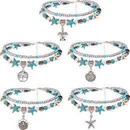 Layered Beach Anklets for Women Girls Adjustable Sea Turtle Anklets Bracelets Boho Turquoise Summer Ankle Foot Jewelry288Z