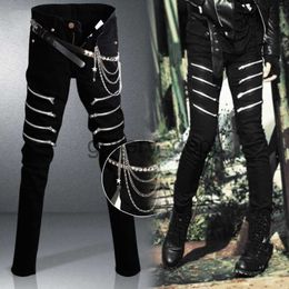Men's Jeans Men black punk hip hop jeans with multi zippers mens skinny jeans slim fit denim pants biker trousers Present Belts Chains J230926