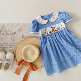Girl Dresses Korean Style Cartoon Plaid Blue Baby Dress Turn Down Collar Patchwork Puff Sleeve Summer Cute Kids Vestidos