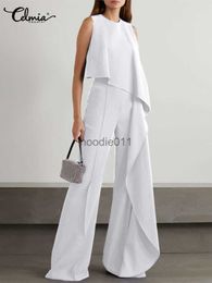 Women's Jumpsuits Rompers Holiday O-neck Jumpsuits Fashion Asymmetrical Summer Women Long Rompers Sleeveless Ruffles Casual Wide Leg Pant Overalls L230926