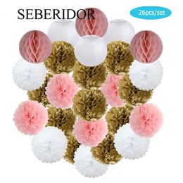 Other Event Party Supplies Mi Primera Comunion Party Favour Hanging Round Paper Ball Lantern Tissue Pompom Gold Pink White For Girl Baptism Wedding Decor 230926