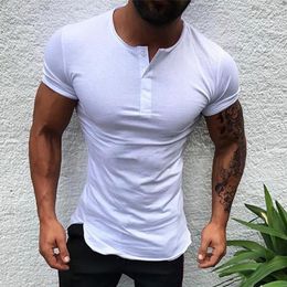 Men's Suits A2760 Stylish Solid Colour Tee Tops Men T Shirt Short Sleeve Bodybuilding Tees Male Clothes Fitness Fashion Round Neck Casual