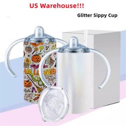 US Warehouse 12oz Sublimation Glitter sippy cup Glitter Straight Tumbler Sublimation baby cup kids tumbler Stainless Steel tumbler301q