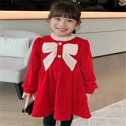 Autumn Winter Girls Fleece Dress Toddler Infant Length Sleeve Bow Princess Skirt Children Clothing Kids Baby Casual Dresses
